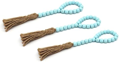 Wood Bead Garland with Tassels 3 PCS Teal Distressed