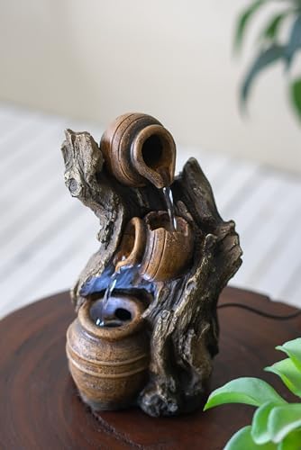 Tranquil Decorative 3 Tier Water Fountain with Pot Design Rustic Brown