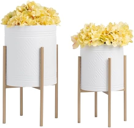 Sagebrook Home Set of 2 Modern White Iron Planters with Gold Stands