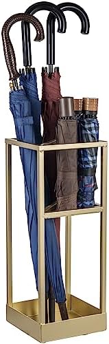 MyGift 20 Inch Tall Modern Brass Tone Metal Geometric Freestanding Entryway Umbrella Holder with Shelf and Drip Tray