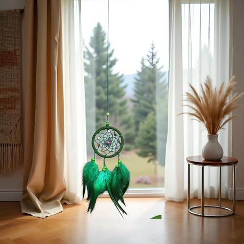 Green Dream Catcher Wall Hanging Decor with Feathers