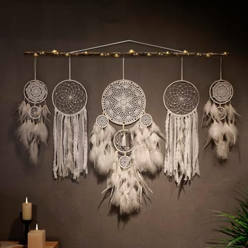 5 Pack Boho Dream Catcher Wall Hangings - White Handmade Decor for Bedroom and Home