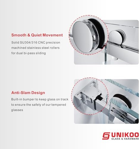 UNIKOO 66-72 Frameless Stainless Steel Bypass Shower Door with 38 Tempered Glass and Finger Pulls