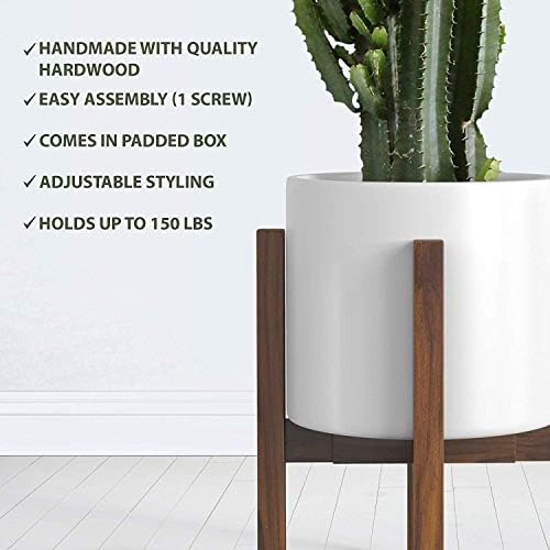 Mid Century Plant Stand - Dark Brown Solid Wood Adjustable