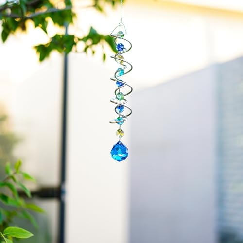 HD Gazing Ball Wind Spinner with Blue Crystal and Chain