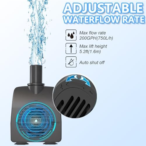 Knifel Submersible Pump 200GPH Auto Shut Off 52ft High Lift for Fountains Ponds Aquariums