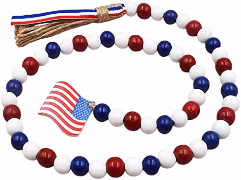 4th of July Wood Bead Garland with Tassels Red White Blue Decor