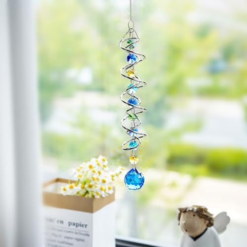 HD Gazing Ball Wind Spinner with Blue Crystal and Chain