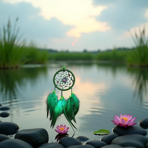 Green Dream Catcher Wall Hanging Decor with Feathers