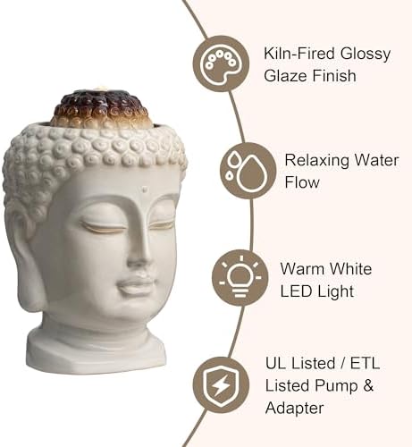 Glitzhome Buddha Head Ceramic Fountain with LED Light
