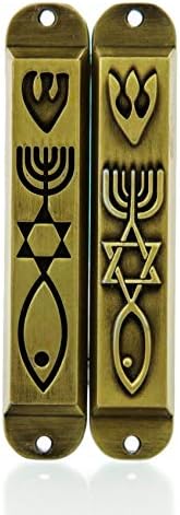 Set of 2 Brass Messianic Seal Mezuzah Case with Scroll