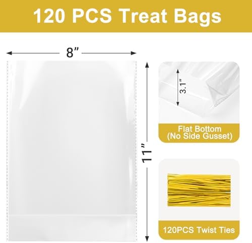 120Pcs Flat Bottom Clear Cellophane Bags with Twist Ties for Party Favors