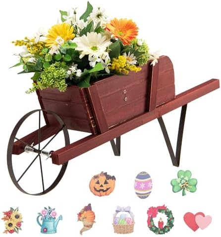Wooden Wagon Planter with Metal Wheels and Magnetic Decor
