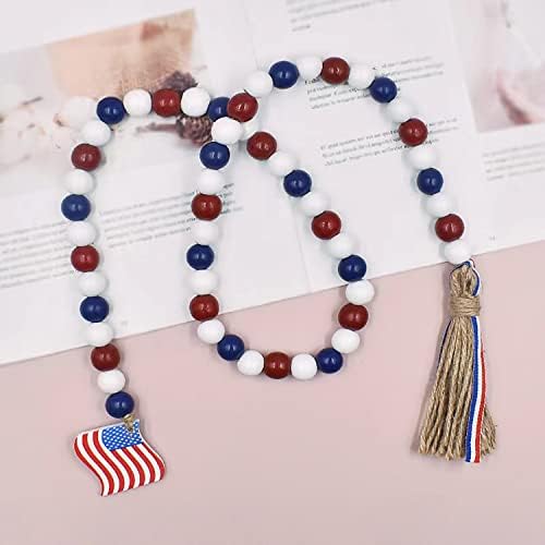 4th of July Wood Bead Garland with Tassels Red White Blue Decor