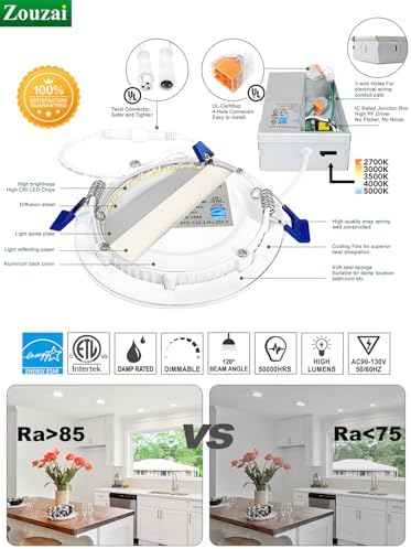 Zouzai 12 Pack 6 Inch 5CCT Ultra Thin LED Recessed Ceiling Light with Junction Box