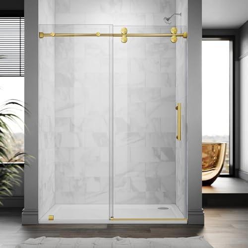 56-60 W x 84 H Frameless Stainless Steel Sliding Shower Door with Satin Brass Frame and Tempered Glass