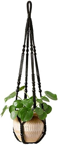 Mkono Macrame Plant Hanger with Wood Beads Black 35 Inch Set