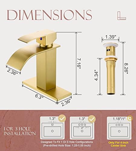 Yardmonet Gold Bathroom Faucet with Waterfall Spout and Drain Assembly