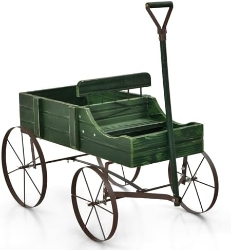 Wooden Wagon Planter with 2 Sections and Wheels