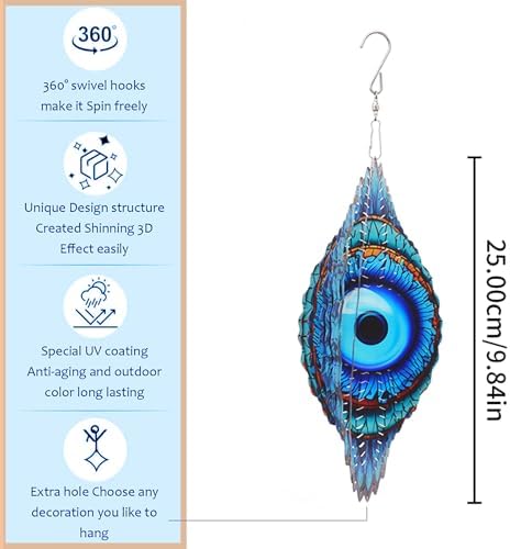 3D Wind Spinner Mandala 10 Inch Evil Eye Stainless Steel Hanging Ornament