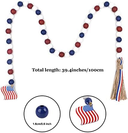 4th of July Wood Bead Garland with Tassels Red White Blue Decor