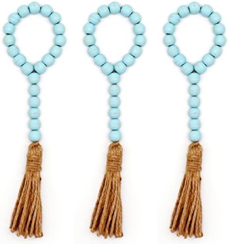 Wood Bead Garland with Tassels 3 PCS Teal Distressed