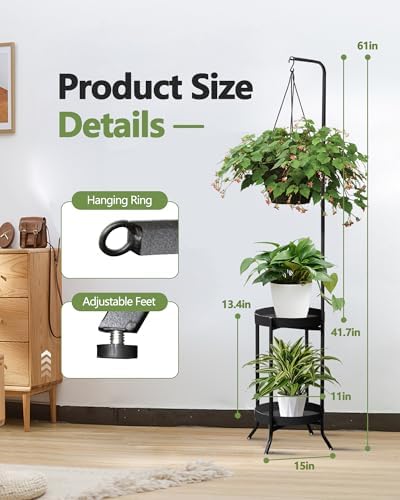 RINBOU 2 Tier Hanging Plant Stand 61 Tall Black