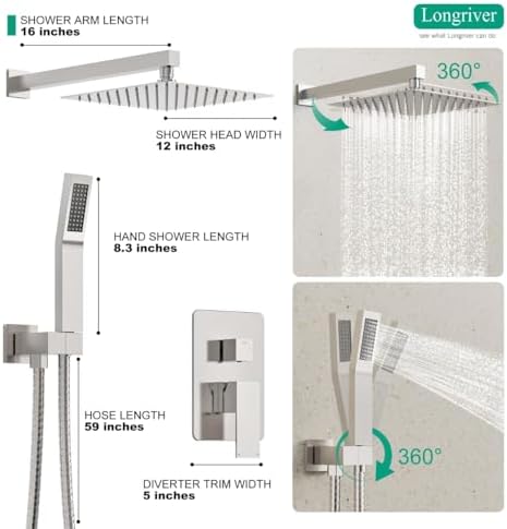 Longriver Shower Faucet Set - 12 Inch Rainfall Shower Head with Handheld Spray