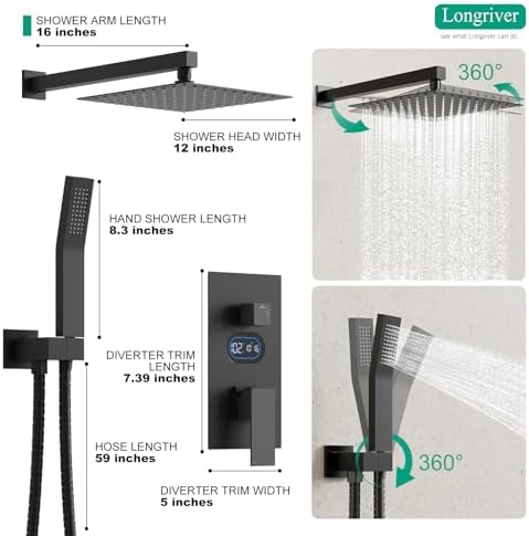 Longriver Matte Black Shower Faucet Set with Temperature Display 1