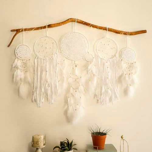 5 Pack Boho Dream Catcher Wall Hangings - White Handmade Decor for Bedroom and Home