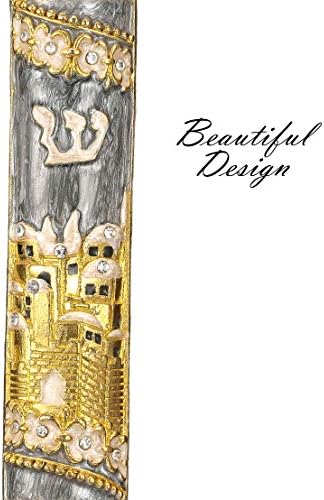 Matashi Hand Painted Mezuzah with Gold Plated Crystals and Grey Enamel Jerusalem City Design