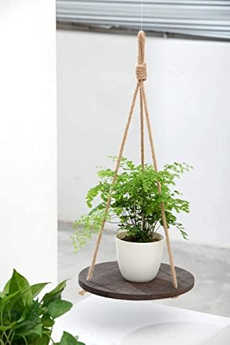 Dahey Round Wood Rope Floating Shelf Dark Brown