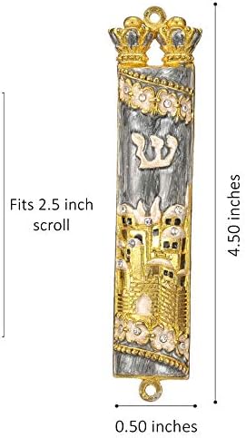 Matashi Hand Painted Mezuzah with Gold Plated Crystals and Grey Enamel Jerusalem City Design