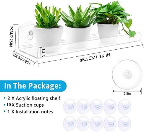 2-Pack 15 Inch Acrylic Window Plant Racks - Suction Cup Sill Extenders for Succulents Herb Gardens and Bathroom Storage