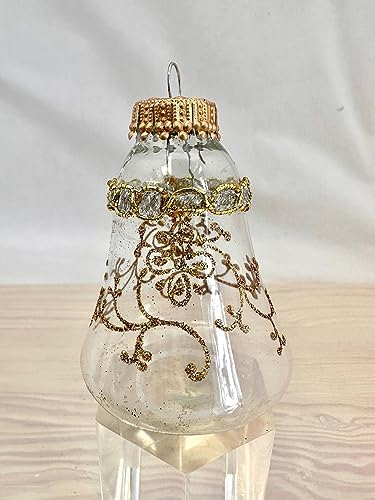 Glass Christmas Tree Ornaments 4pcs Clear Bells with Glitterlace and Braid