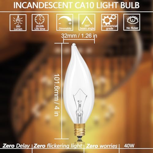 Potanro 12 Pack E12 Incandescent Bulbs 40W Warm White 2700K Dimmable