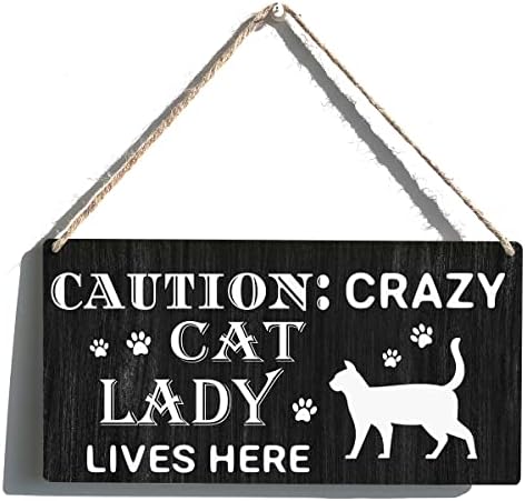 Cat Lady Sign Farmhouse Caution Crazy Cat Lady Lives Here Wooden Hanging Decor