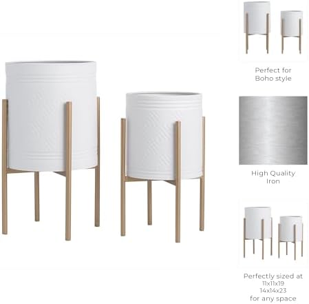 Sagebrook Home Set of 2 Modern White Iron Planters with Gold Stands