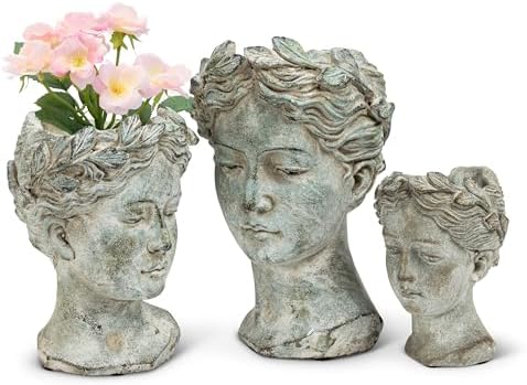 Abbott Collection Goddess Head Planter - Small Cement Planter for Flowers and Succulents Grey 35 Opening