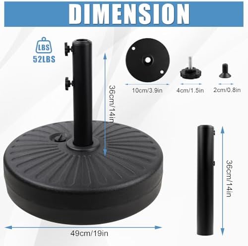 Heavy Duty Round Umbrella Base Stand with Steel Holder 50lbs Capacity 20inch Black