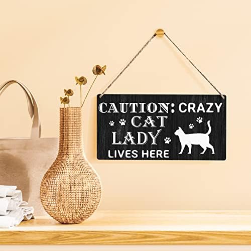 Cat Lady Sign Farmhouse Caution Crazy Cat Lady Lives Here Wooden Hanging Decor