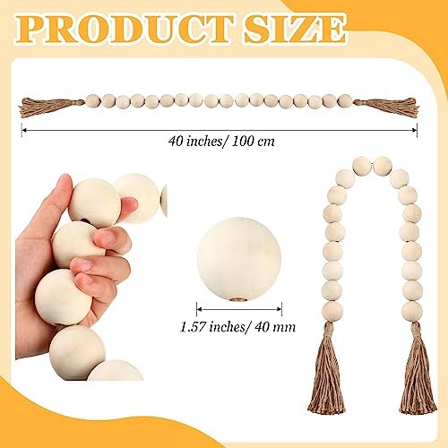 2 Pcs Large Wood Bead Garland with Tassels 40 White Wood Beads Decor for Home