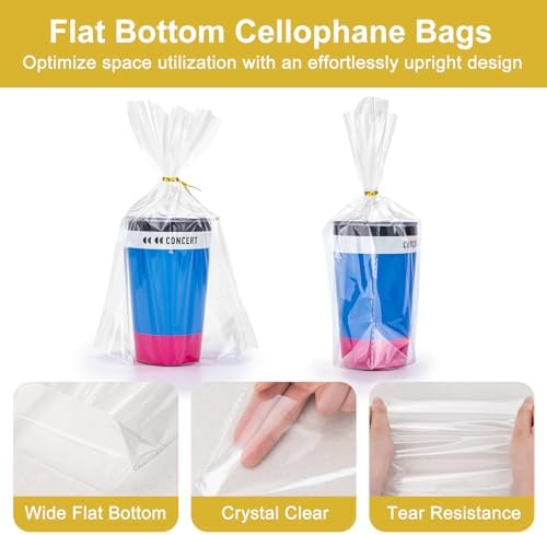 120Pcs Flat Bottom Clear Cellophane Bags with Twist Ties for Party Favors