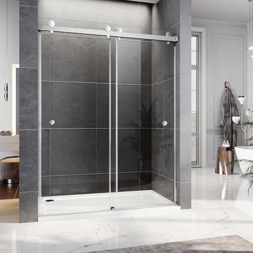 UNIKOO 66-72 Frameless Stainless Steel Bypass Shower Door with 38 Tempered Glass and Finger Pulls