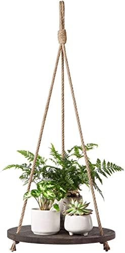 Dahey Round Wood Rope Floating Shelf Dark Brown