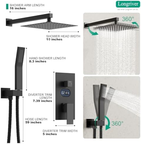 Longriver Matte Black Shower Faucet Set with Temperature Display