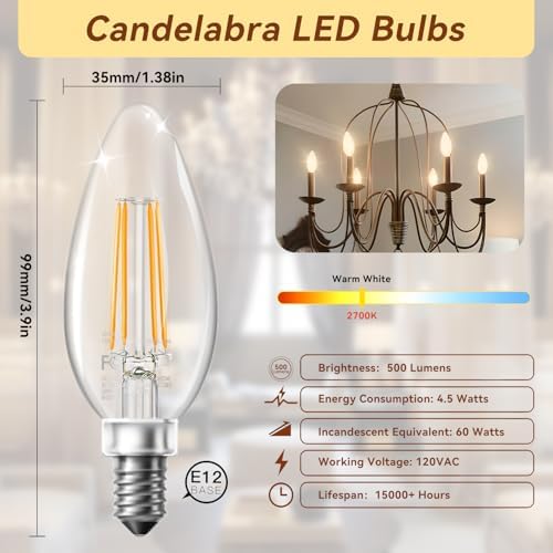TJOY Dimmable LED Candelabra Bulbs 12Pack E12 Base