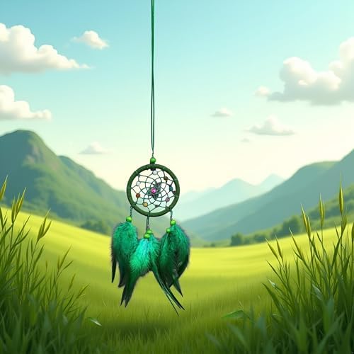 Green Dream Catcher Wall Hanging Decor with Feathers