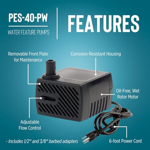 Little Giant PES-40-PW Fountain Pump with 6-Foot Cord and Flow Control Valve