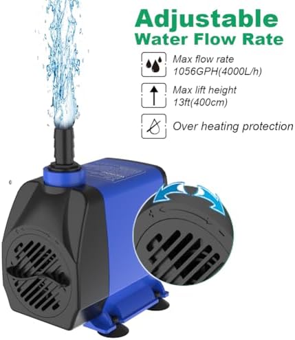 Ultra Quiet Submersible Pump 1056GPH for Fountains Ponds Aquariums